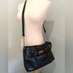 Michael Kors Black LEATHER Purse Satchel Bag Hamilton Heritage Gold Chain Logo